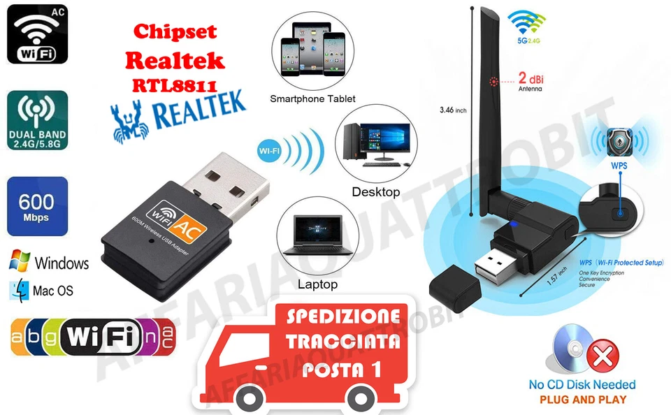 chiavetta wifi internet usb antenna wireless wi fi pc portatile 600mbps AC 5.8G - Immagine 1 di 1