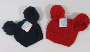 Navy Red Knit Knitted Winter Bobble Hat Double 2 Pom Pom 0 2 Baby Babies Infant - Picture 1 of 6