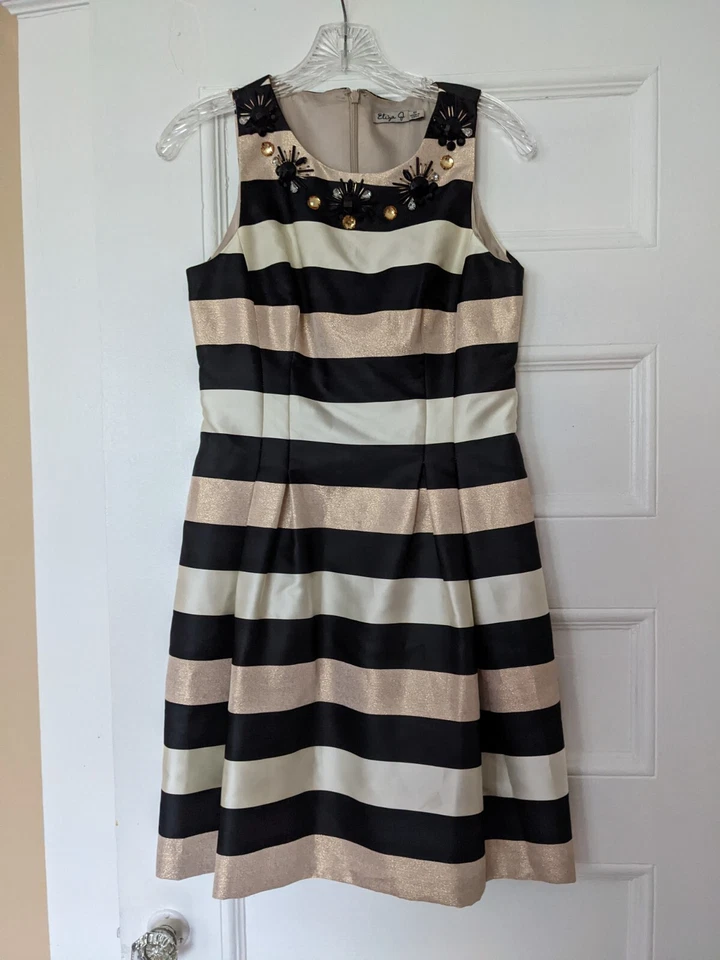 Eliza J. Black White Gold Striped A-Line Dress Sz 4 Petite Bloomingdales Jewels - Image 1 of 1