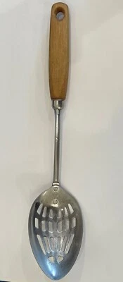 Vintage Mid Century EKCO USA Chrome Plated Slotted Spoon - Wood Handle - VGUC - Image 1 of 4