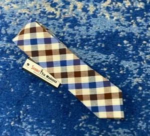NEW Skinny Tie Madness Brown Cream Blue Bias Plaid Cotton Narrow Slim Necktie - Picture 1 of 4