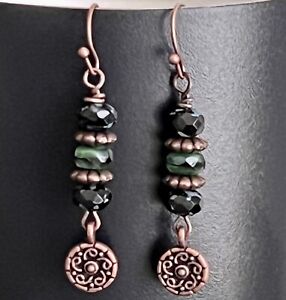 Etched Copper with Green and Black Picasso Czech Bead Earrings. Boho Chic.