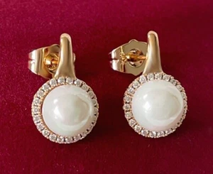 Luxus Perlen Ohrringe Ohrstecker Zirkonia Kristalle 750 Gold 18K vergoldet 18mm - Bild 1 von 9