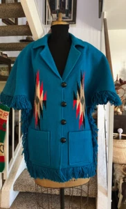 Abrigo de Colección Azul Ortega Chimayo Flecos Chal 100% Lana Abrigo Suroeste Pequeño - Imagen 1 de 9