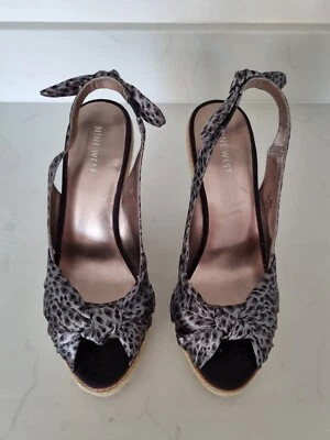 Nine West Black Animal Print Knot And Bow Detail Wedge Peep Toe Sandals UK 7.5   - Image 1 of 4
