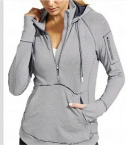 Athleta Damen Heavenly Hail Hoodie Sweatshirt marineblau gestreift halber Reißverschluss Medium - Bild 1 von 16