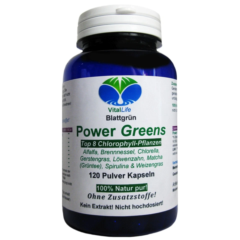 Power Greens 120 Kapseln Top 8 Chlorophyll Pflanzen OHNE Zusatzstoffe. 26331