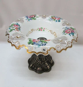 Pedestal Compote Bohemian Czech Cased Crystal Floral Cut to Clear Silver Antique - Picture 1 of 6