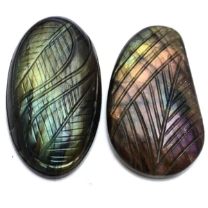 2 Pcs Natural Labradorite 41mm-44mm Hand Carving Flashy Untreated Gemstones Lot - Picture 1 of 5