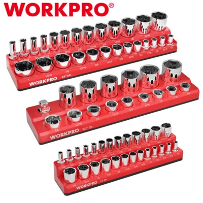 WORKPRO 3PCS Magnetic Socket Organizer Set 1/4" 3/8" 1/2" Drive SAE Socket Trays - Image 1 of 4