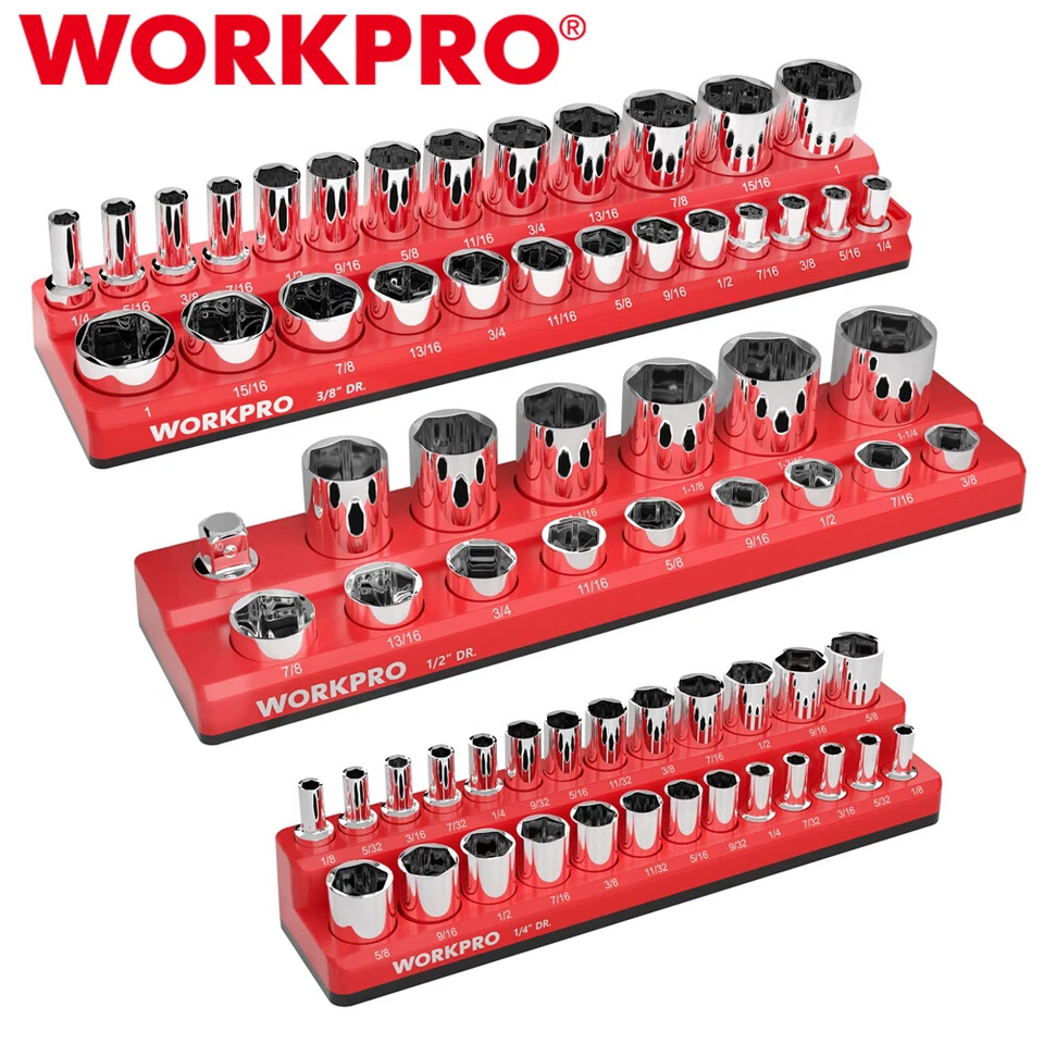 WORKPRO 3PCS Magnetic Socket Organizer Set 1/4" 3/8" 1/2" Drive SAE Socket Trays - Image 1 of 4