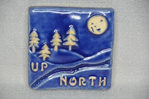 Blue "UP NORTH"  By Little Traverse Tileworks Petoskey, Michigan - 3⅞" x 3⅞" - Picture 1 of 4