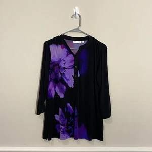 Susan Graver Purple Floral Tunic Top Size M Long Sleeve Button Neck - Picture 1 of 10