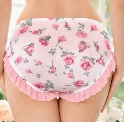Glossy Ruched Bum Pink 2nd Skin Satin & Floral Bikini Brief Panties L NEW - Image 1 of 4