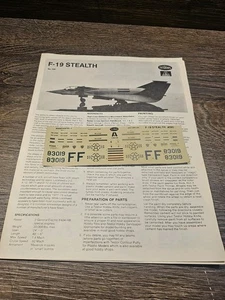 TESTORS MODEL KIT DECAL SHEET With Instructions F-19 STEALTH #595 - Picture 1 of 3