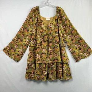 Umgee Babydoll Dress Womens Medium Floral Ruffled Tiered Long Sleeve V-Neck - Picture 1 of 13