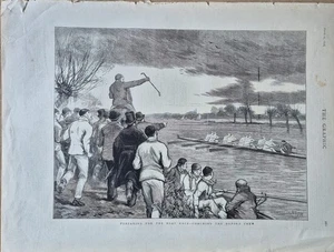 RARO GRABADO EN MADERA ORIGINAL, 1876, PREPARÁNDOSE PARA LA CARRERA DE BOTES-- ENTRENANDO A LA TRIPULACIÓN OXFORD - Imagen 1 de 1