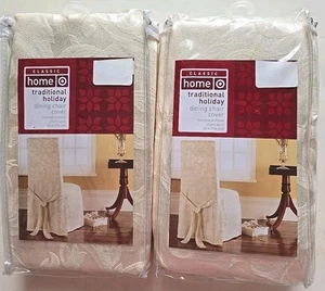 Holiday Jacquard 2 Chair Covers SET IVORY Classic Armless Dining Chair NIP 42” - Picture 1 of 6