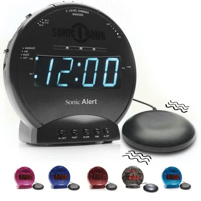 Sonic Bomb Dual Alarm Clock with Bed Shaker, Black Vibrating Alarm Clock Heav... - Image 1 of 4
