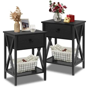 VECELO Side/End Table Set of 2 Nightstand with Drawer & Storage Shelf for Liv... - Picture 1 of 7
