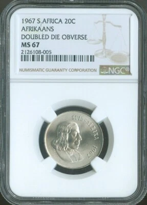 1967 South Africa Silver 20 CENTS AFRIKAANS DDO NGC MS67 Quality - Image 1 of 2