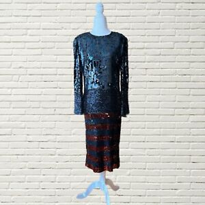 Vintage 70s Bill Blass Sequin Beaded Dress Silk Lined Long Sleeve Xs