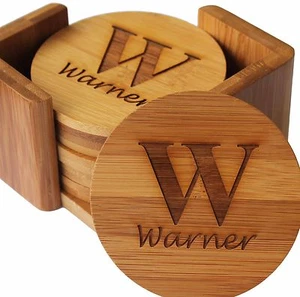 Personalized Bamboo Coasters - Engraved Coasters - Set of 6 Square - Picture 1 of 5