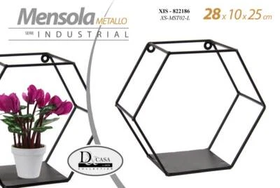 MENSOLA BACHECA PARETE ESAGONALE SOSPESA METALLO CLASSICO MODERNO NERO 28*10*25 - Immagine 1 di 2