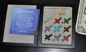 GEMSTONE Crucifix Pendant Necklaces. Wooden Gift Box Set of 9 Natural Gemstones - Picture 1 of 5