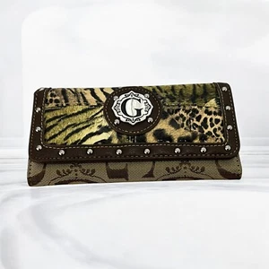 GUESS Tri-fold Clutch Wallet Faux Leather Animal Print Checkbook Cards Slots - Picture 1 of 20