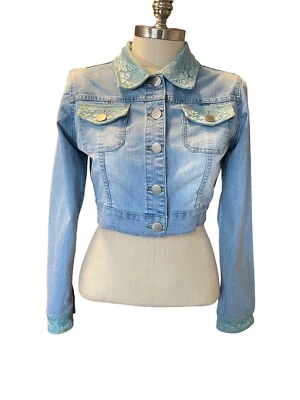 Clash Fur Light Blue Super Short Jean Jacket Size M Floral - Изображение 1 из 4