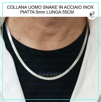 Collana da uomo in acciaio inox catena snake argento piatta 5mm lunga 55cm - Immagine 1 di 4
