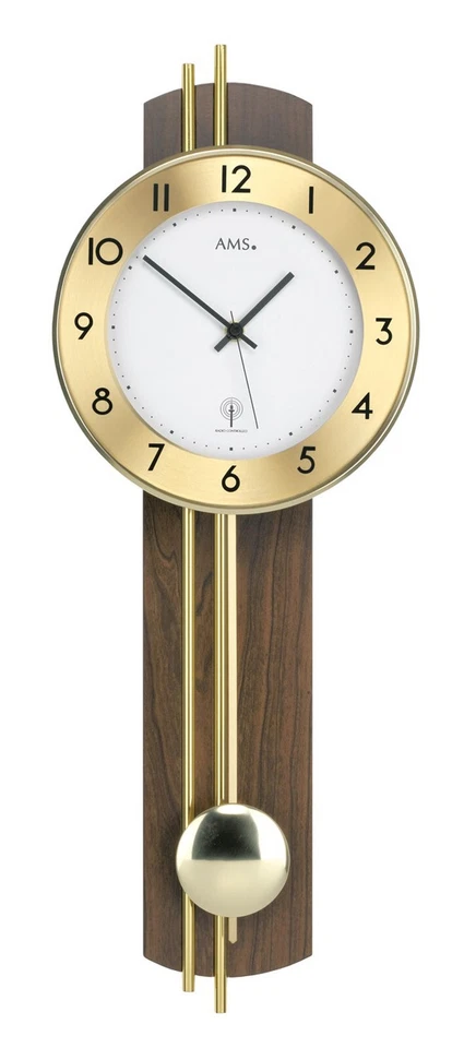 AMS 5266/1 Wanduhr Pendeluhr Funkuhr Holzrückwand Nussbaum Messingstäbe - Bild 1 von 1