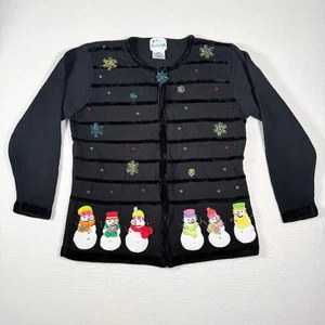 Vintage Christmas Sweater Cardigan Black Snowman Sequin Zip Up Women's Large - Picture 1 of 13