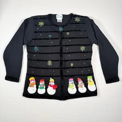 Vintage Christmas Sweater Cardigan Black Snowman Sequin Zip Up Women's Large - Image 1 of 4