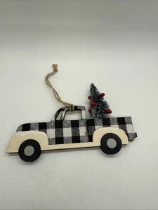Christmas Shoppe Ornament Bauernhof Urlaub Bäume schwarz weiß Gingham LKW Abholung - Bild 1 von 2