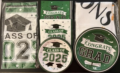 2025 Graduation Decorations Lot Green White 2 Banners 17 Plates 30 Napkins 16 S - Image 1 of 3