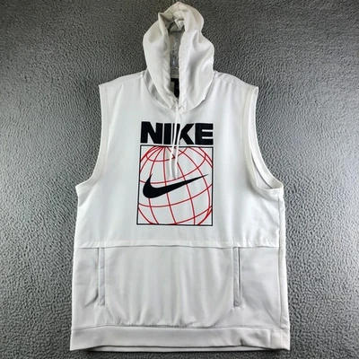 Nike Sleeveless Training Hoodie Mens Large White Graphic Logo Dri-Fit Read* - Image 1 of 4