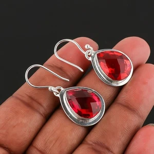 Garnet Gemstone Earring 925 Sterling Silver Handmade Jewelry - 1.50" - Picture 1 of 2
