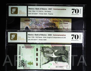 MEXICO 100 200 PESOS 2007-2008 P128-129 SEVENTY 70 GEM UNC EPQ COMM. PREFIX A - Picture 1 of 4