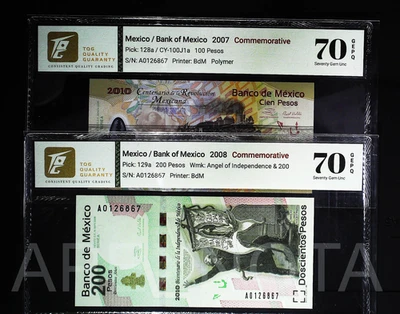 MEXICO 100 200 PESOS 2007-2008 P128-129 SEVENTY 70 GEM UNC EPQ COMM. PREFIX A - Image 1 of 4