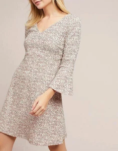Anthropologie A-Line Mini Dress Large Beige Bell Sleeve V-Neck A-Line Textured - Picture 1 of 5