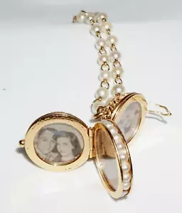 Vintage 14k Yellow Gold Pearl Bracelet w. Pierced Ball Photo Pendant (GeB)#10 - Picture 1 of 16