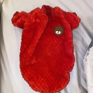 Red Fuzzy Teddy Bear Face Dog Top One Piece Outfit for Small Dogs Size Large - Picture 1 of 3