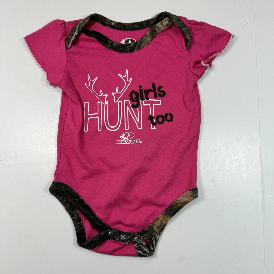 Mossy Oak Pink One Piece Bodysuit Baby Girls Hunting “Girls Hunt Too” 3/6M - Image 1 of 4