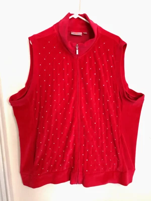 Quacker Factory Womens Vest 3X Plus Velour Red Rhinestones Diamonds Jacket - Image 1 of 4