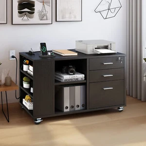 Mobile File Cabinet 3 -Drawer Office Organizer Filing Cabinet w/Charging Station - Picture 1 of 6