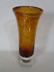Vintage Hand Blown Brown Amber With White Swirl Footed Glass Vase 9" - Picture 1 of 11