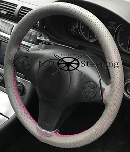 FOR VAUXHALL CORSA C GREY PERFORATED LEATHER STEERING WHEEL COVER PINK DOUBLE ST - Picture 1 of 1