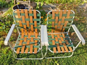 Set of 2 Vintage Folding MCM Aluminum Lawn Chairs 1960s-1970s Green Brown Strap - Picture 1 of 14
